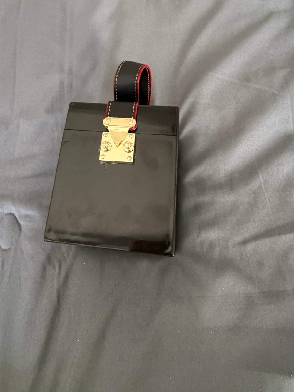 Black Patent Leather Women’s Handheld Box Purse with Black, Red & Gold Hardware